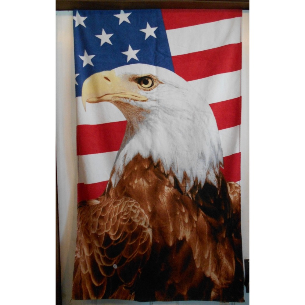 VTG Beach Towel Hilasal 54" x 26" Soft Cotton USA FLAG AMERICAN BALD EAGLE BATH